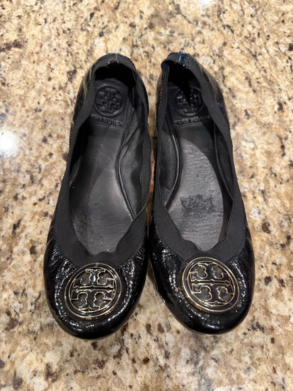 Tory Burch Black Patent Reva Logo Ballet Flats